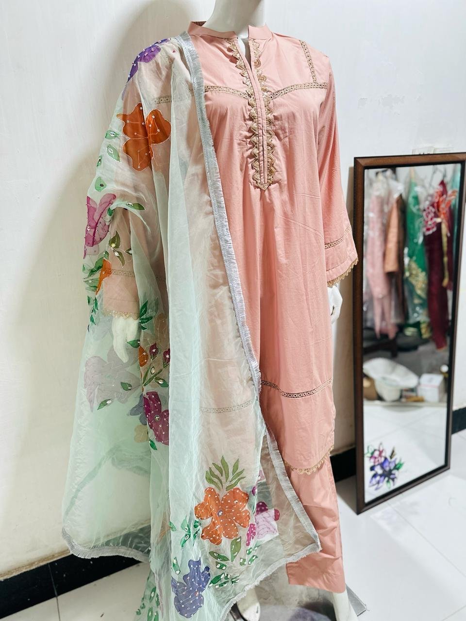 Peach Silk Floral Dupatta