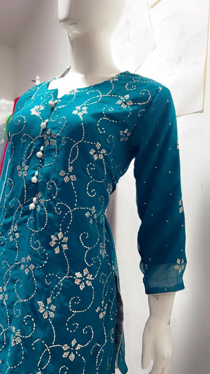 Teal Embroidered Kurti Closeup